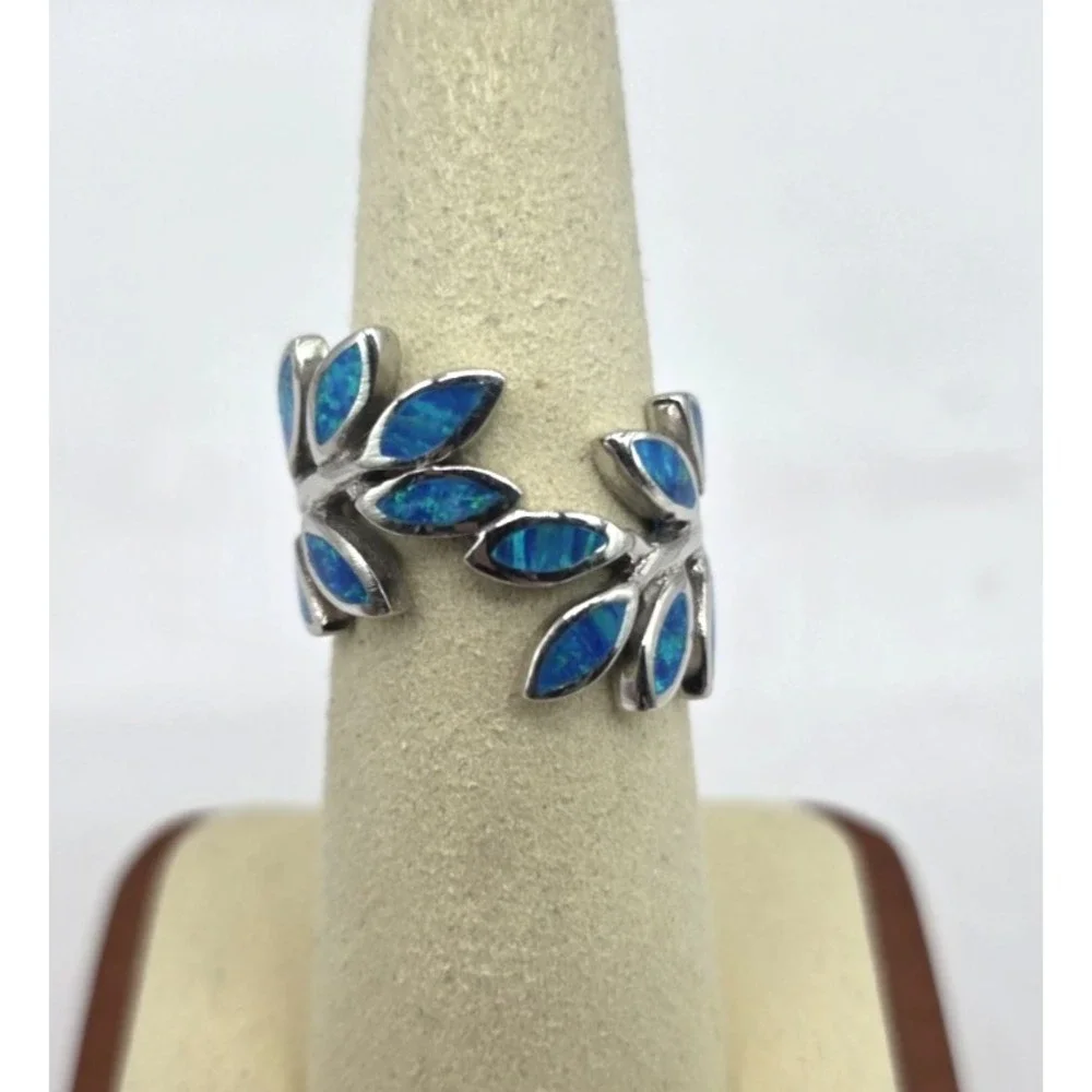 Blue Lab Opal Ring Womens Size 7 Fern Leaf Plant‎ Wrap Sterling Silver 925 NWOT